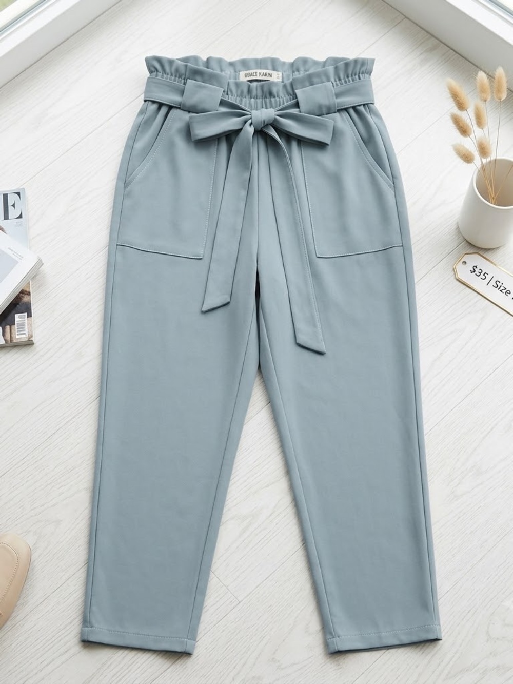 Grace Karin Dusty Blue Paperbag Waist Tie Ankle Pants